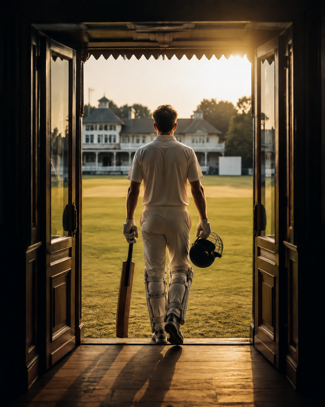 Young cricketer walking from a pavilion onto a sunlit cricket ground.